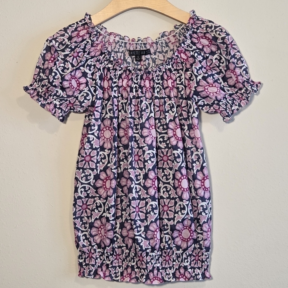 Lafayette 148 Cotton Moroccan Tile Floral Puff Short Sleeve Blouse Sz 6